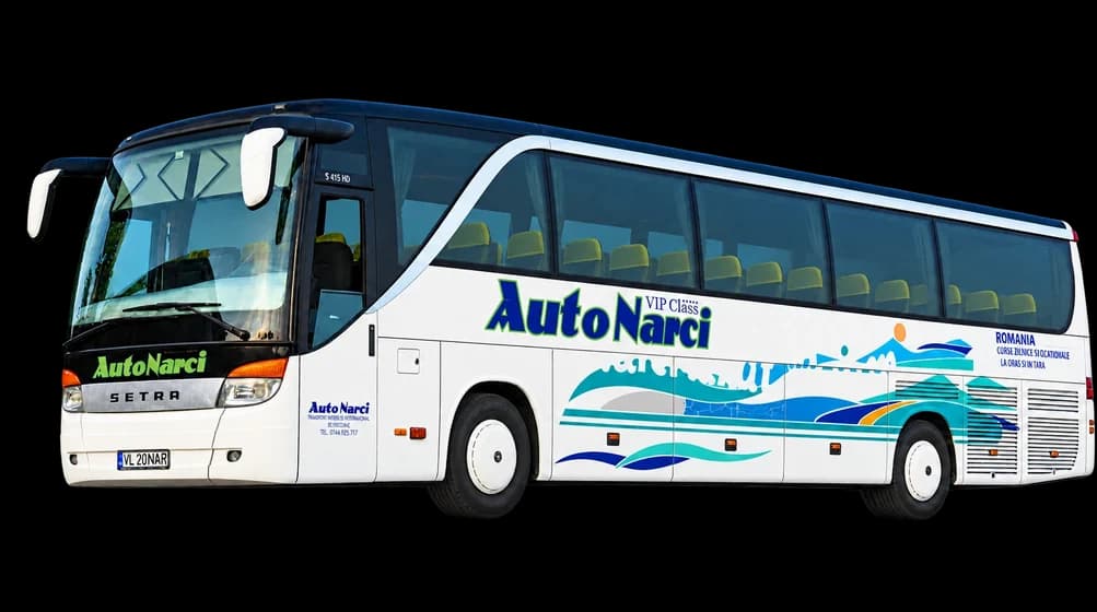 Autocar Setra Auto Narci, alb cu grafică turcoaz