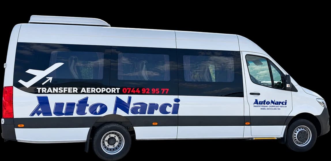 Microbuz Mercedes-Benz Sprinter Auto Narci, alb, cu inscripția Transfer aeroport, văzut din lateral, 24 de locuri
