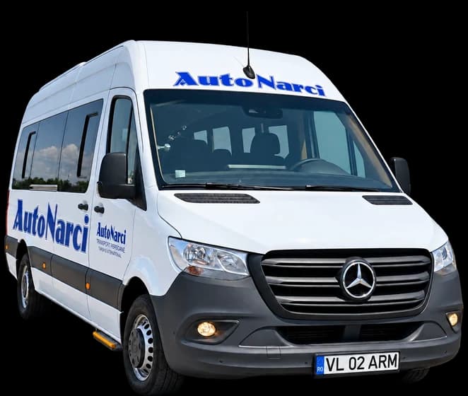 Microbuz Mercedes-Benz Sprinter Auto Narci, alb, văzut din față, 19 locuri