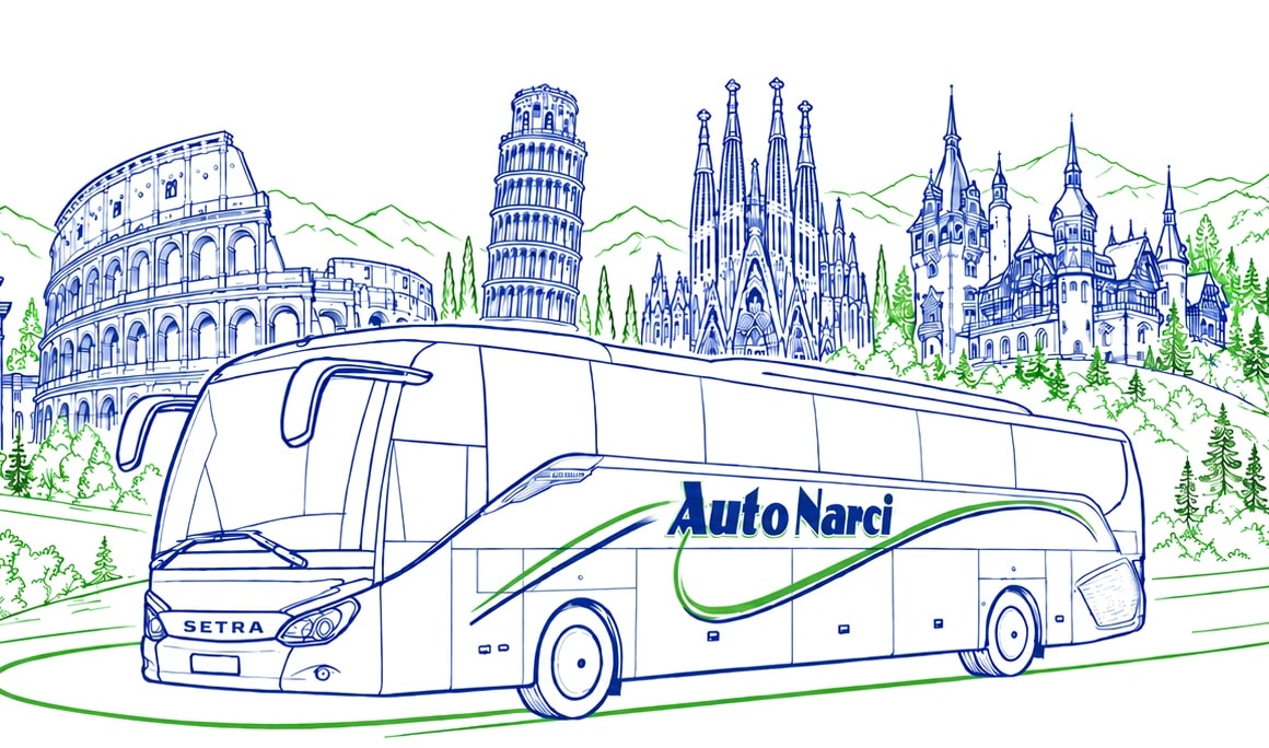 Ilustrație: autocarul Setra Auto Narci în fața unor monumente din Europa și din România — Big Ben, Turnul Eiffel, Poarta Brandenburg, Colosseumul, Turnul din Pisa, Sagrada Família, Castelul Peleș și Transfăgărășanul